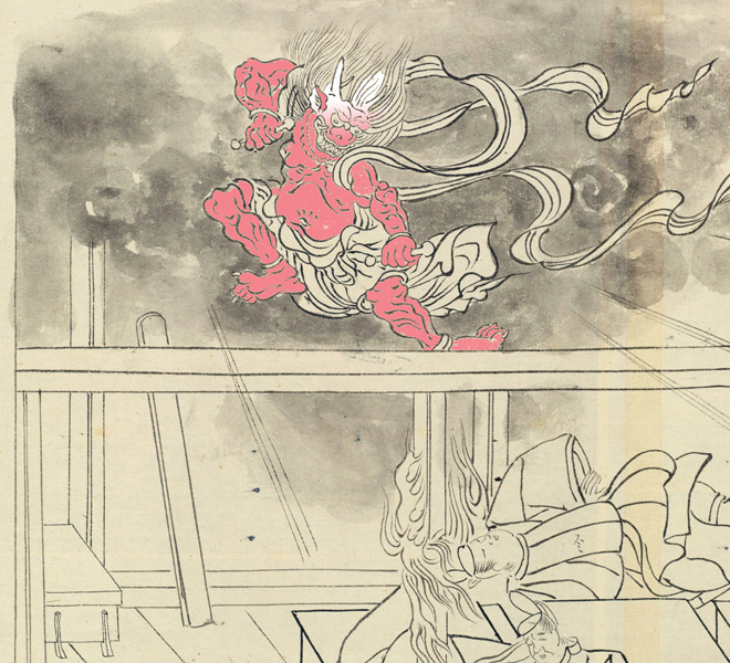 The vengeful ghost of Sugawara no Michizane depicted as an oni, the God of Thunder. From the Kitano Tenmangu Engi Emaki picture scroll.