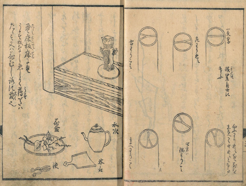 Plenty of manuals for the arts were published during the Edo period. The illustration is from a 1769 handbook for Furuta-ryu ikebana for private study.