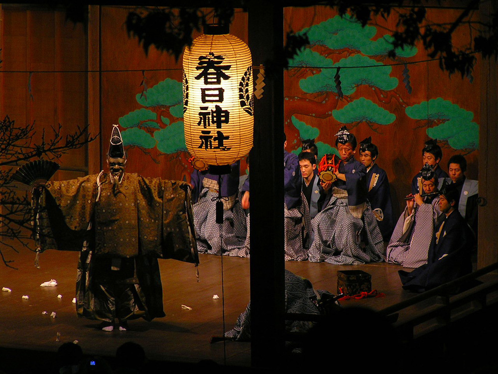 Noh stage at the Kasuga shrine, Sasayama, Hyogo pref. All Noh plays are performed in front of a wooden panel with a painting of a single pine tree.
