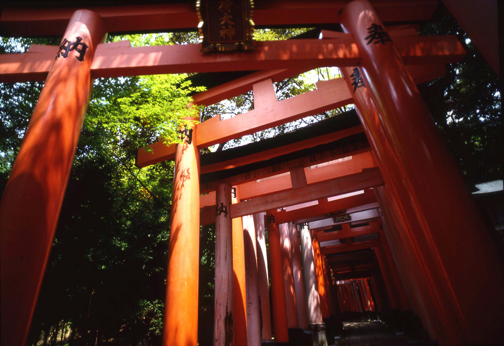 京都伏見稲荷大社。稲荷は日本の神であるが仏教の荼枳尼天(だきにてん)と同一視された。